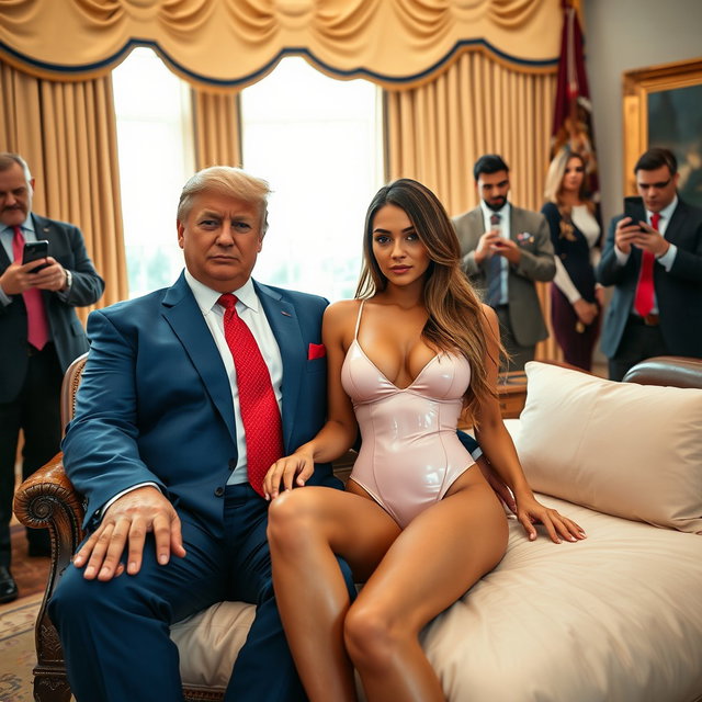 In the iconic Oval Office, a captivating 18-year-old skinny Arabic beauty radiates charm as she sits intimately on a luxurious fancy bed next to a heavier man in a blue suit, white shirt, and red tie, their hands gently touching