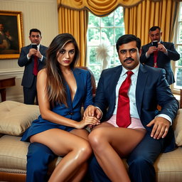 In the luxurious ambiance of the Oval Office, an 18-year-old skinny Arabic beauty captivates with her striking appearance while sitting closely beside a heavier man dressed in a blue suit, white shirt, and red tie, their hands gently touching on an opulent bed