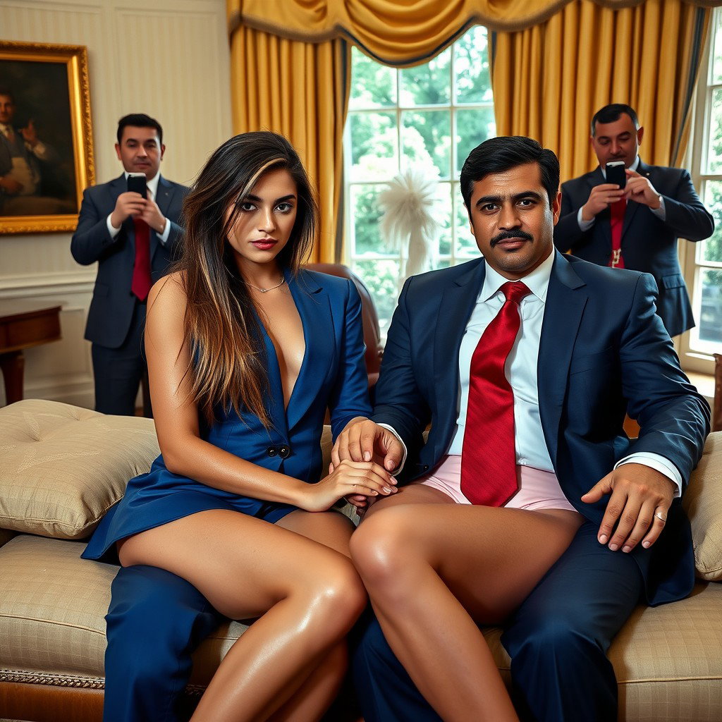 In the luxurious ambiance of the Oval Office, an 18-year-old skinny Arabic beauty captivates with her striking appearance while sitting closely beside a heavier man dressed in a blue suit, white shirt, and red tie, their hands gently touching on an opulent bed