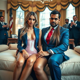 In the luxurious ambiance of the Oval Office, an 18-year-old skinny Arabic beauty captivates with her striking appearance while sitting closely beside a heavier man dressed in a blue suit, white shirt, and red tie, their hands gently touching on an opulent bed