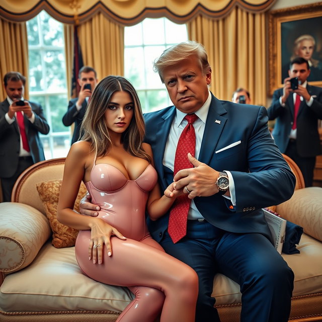 In the luxurious ambiance of the Oval Office, an 18-year-old skinny Arabic beauty captivates with her striking appearance while sitting closely beside a heavier man dressed in a blue suit, white shirt, and red tie, their hands gently touching on an opulent bed
