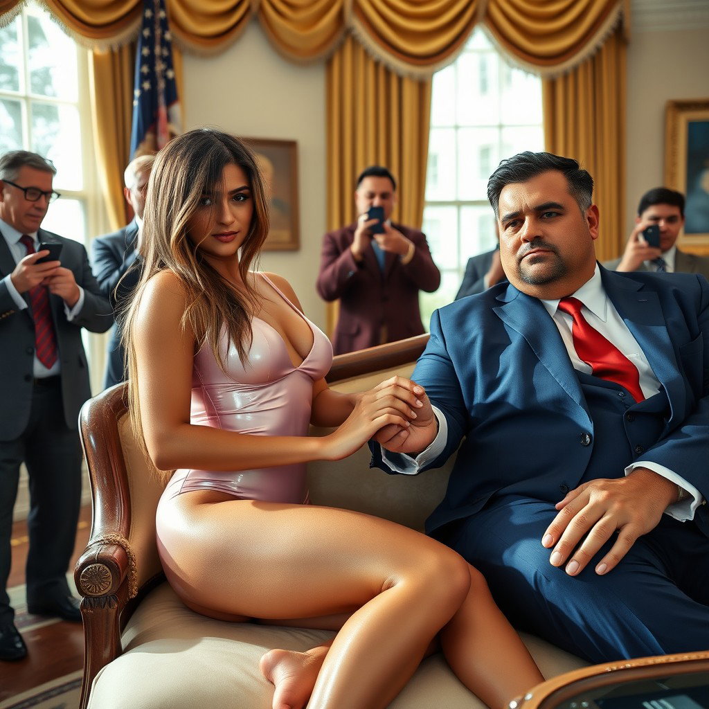 In the elegant setting of the Oval Office, an 18-year-old gorgeous Arabic beauty captures attention while sitting beside a heavier man in a blue suit, white shirt, and red tie, their hands gently touching on an opulent fancy bed
