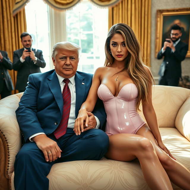 In the elegant setting of the Oval Office, an 18-year-old gorgeous Arabic beauty captures attention while sitting beside a heavier man in a blue suit, white shirt, and red tie, their hands gently touching on an opulent fancy bed