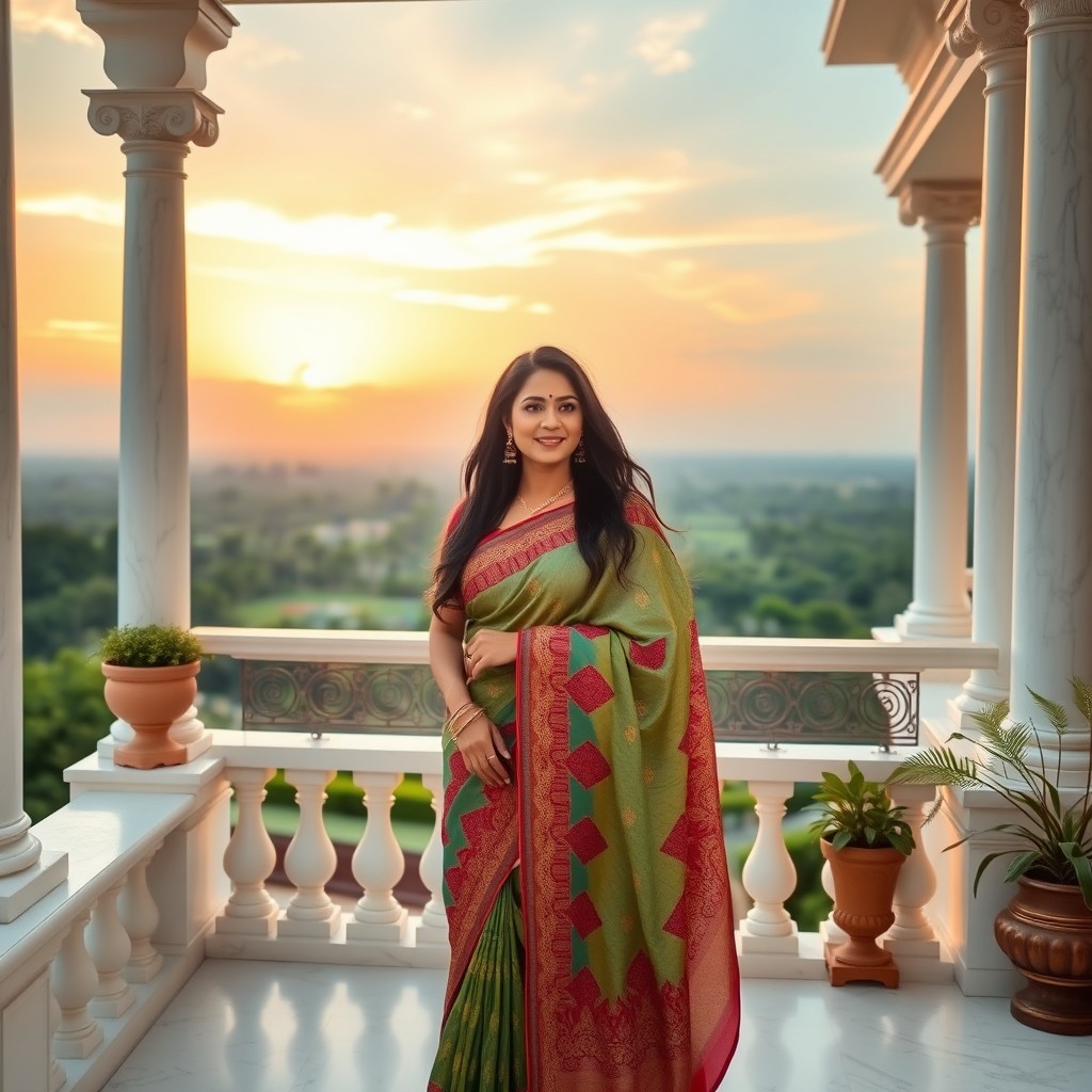 A beautiful Indian woman standing on the terrace of a grand villa, wearing a traditional colorful saree adorned with intricate patterns