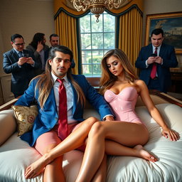 In the majestic setting of the Oval Office, an 18-year-old gorgeous skinny Arabic beauty radiates allure while seated next to a heavier man adorned in a blue suit, white shirt, and red tie, their hands subtly touching as they relax on an extravagant fancy bed