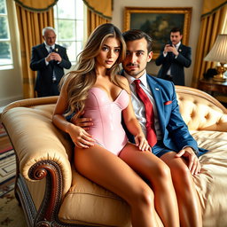 In the majestic setting of the Oval Office, an 18-year-old gorgeous skinny Arabic beauty radiates allure while seated next to a heavier man adorned in a blue suit, white shirt, and red tie, their hands subtly touching as they relax on an extravagant fancy bed