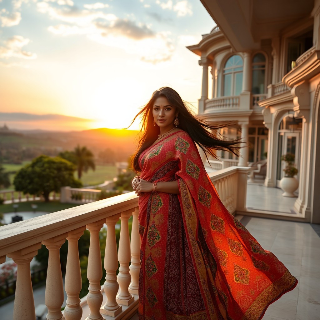 A beautiful Indian woman with dark skin standing on the terrace of a grand villa