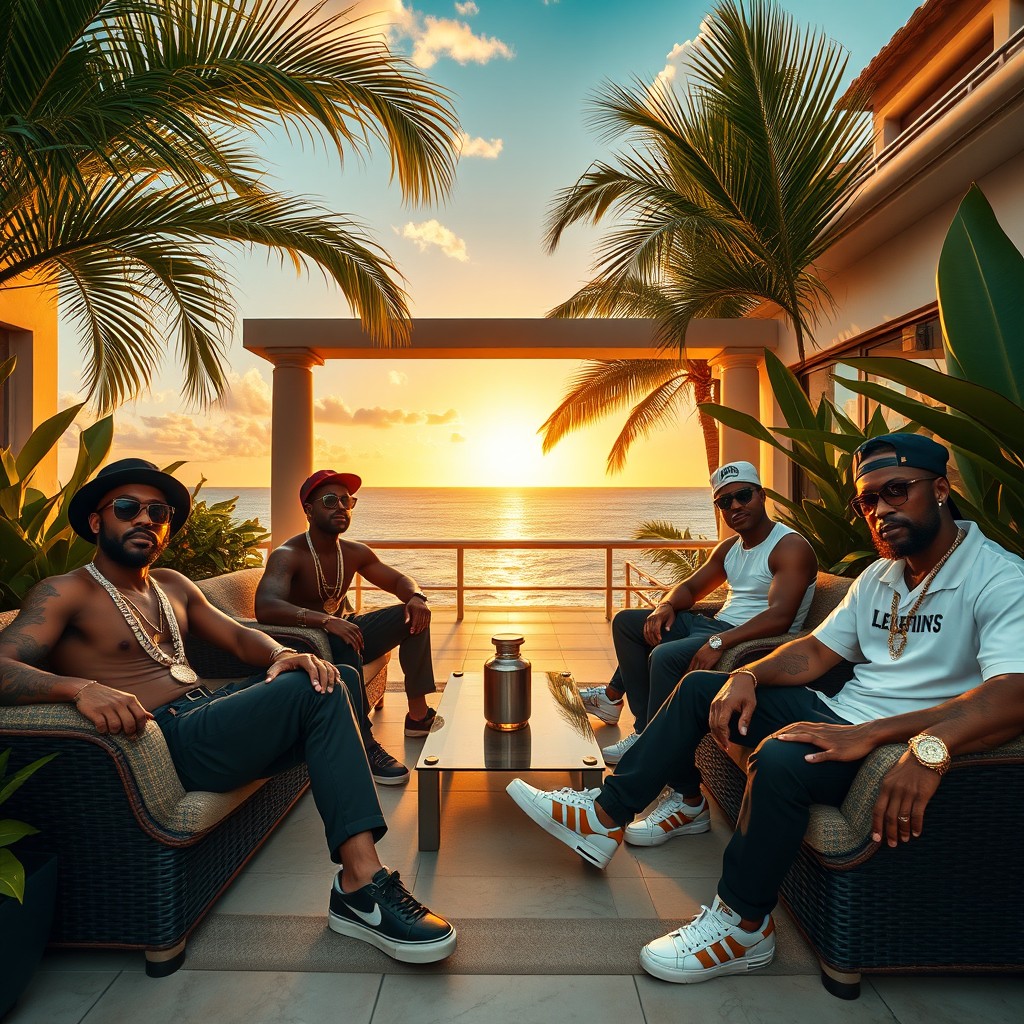 A group of Caribbean gangsters sitting casually on the terrace of a lavish villa