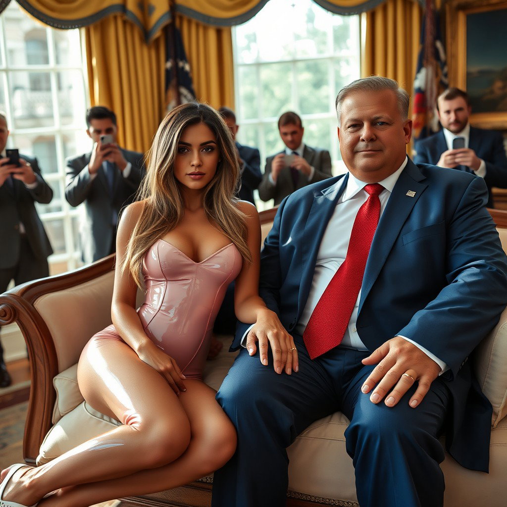 In the opulent setting of the Oval Office, an 18-year-old stunningly beautiful Arabic woman sits gracefully next to a heavier man clad in a blue suit, white shirt, and red tie, their hands lightly touching as they relax on an exquisite fancy bed