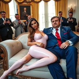 In the opulent setting of the Oval Office, an 18-year-old stunningly beautiful Arabic woman sits gracefully next to a heavier man clad in a blue suit, white shirt, and red tie, their hands lightly touching as they relax on an exquisite fancy bed