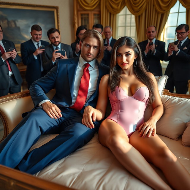 In the opulent setting of the Oval Office, an 18-year-old stunningly beautiful Arabic woman sits gracefully next to a heavier man clad in a blue suit, white shirt, and red tie, their hands lightly touching as they relax on an exquisite fancy bed