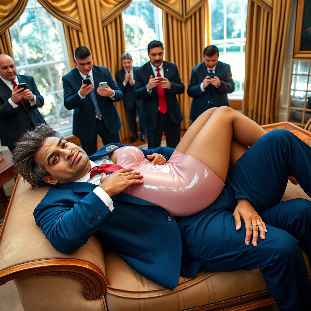 In the luxurious Oval Office, an 18-year-old stunning Arabic beauty is depicted lying gracefully on a heavier man dressed in a blue suit, white shirt, and red tie, their hands lightly touching as they recline together on an exquisite fancy bed