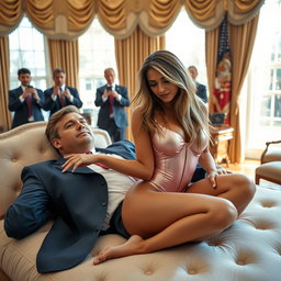 In the luxurious Oval Office, an 18-year-old stunning Arabic beauty is depicted lying gracefully on a heavier man dressed in a blue suit, white shirt, and red tie, their hands lightly touching as they recline together on an exquisite fancy bed