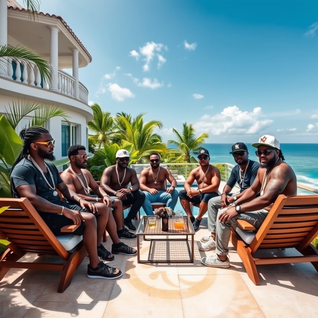 A group of Caribbean gangsters sitting on the terrace of a large villa, showcasing a vibrant and luxurious setting