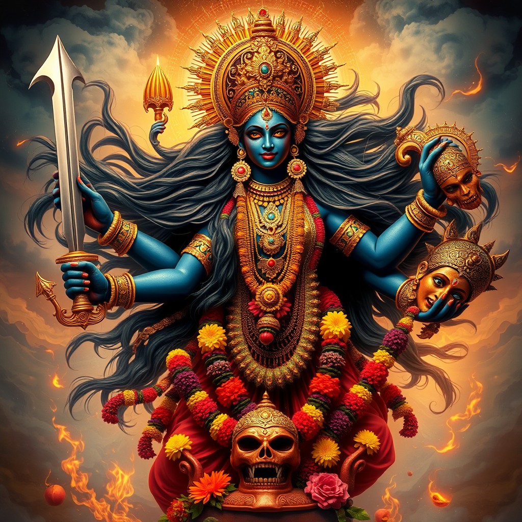 A majestic depiction of Maa Kali, the Hindu goddess, presented in her traditional fierce form