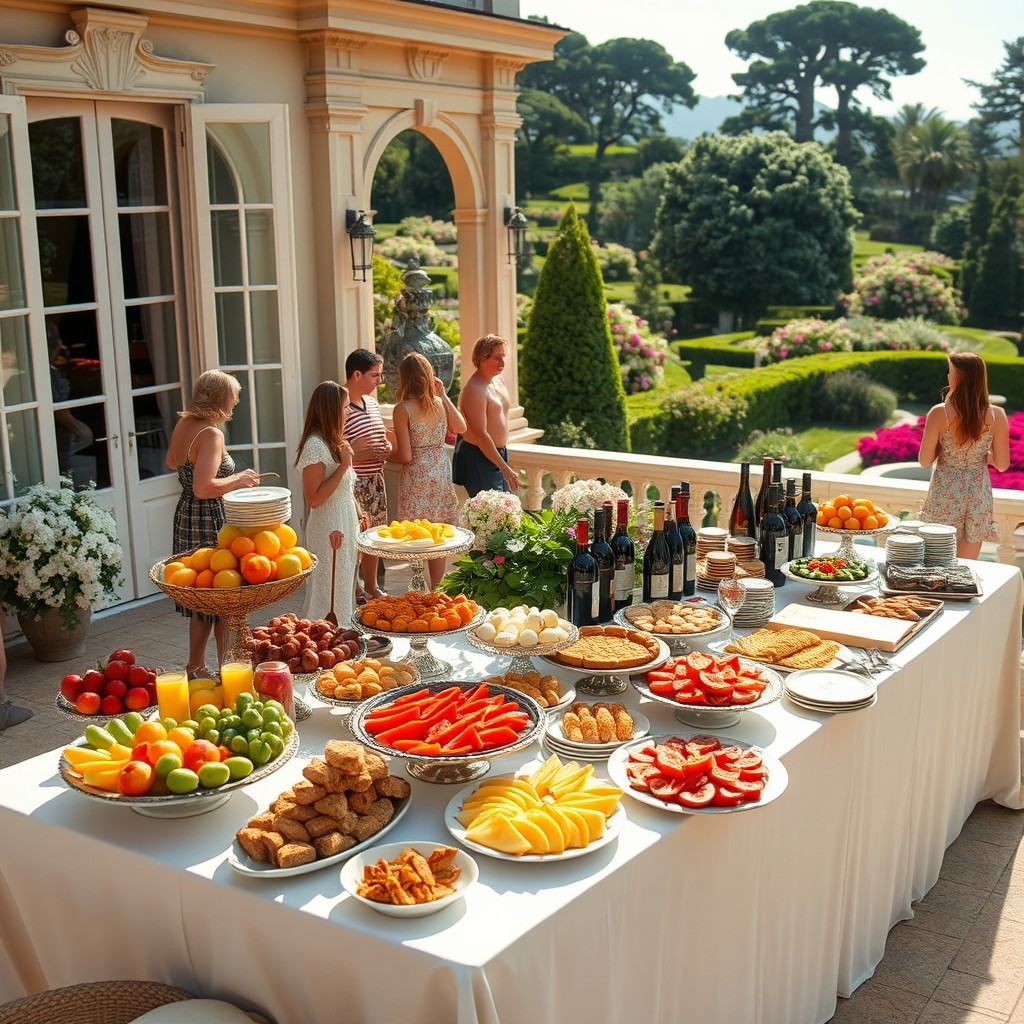 A large, luxurious buffet set on the terrace of an elegant villa, featuring a beautifully arranged table filled with a variety of gourmet dishes