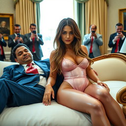 In the elegant Oval Office, an 18-year-old stunningly beautiful Arabic woman is seen resting comfortably on the lap of a heavier man dressed in a blue suit, white shirt, and red tie, their hands gently touching as they recline on an exquisite fancy bed