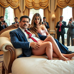 In the elegant Oval Office, an 18-year-old stunningly beautiful Arabic woman is seen resting comfortably on the lap of a heavier man dressed in a blue suit, white shirt, and red tie, their hands gently touching as they recline on an exquisite fancy bed