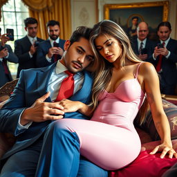 In the elegant Oval Office, an 18-year-old stunningly beautiful Arabic woman is resting her head on the lap of a heavier man dressed in a blue suit, complemented by a white shirt and red tie
