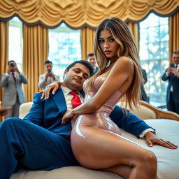 In the opulent Oval Office, an 18-year-old breathtakingly beautiful Arabic woman is resting her head on the lap of a heavier man dressed in a blue suit, white shirt, and red tie