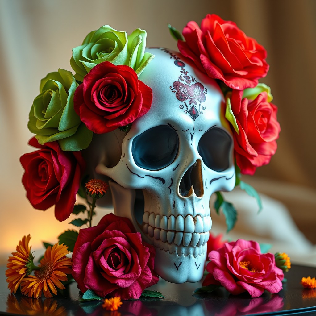 An elegantly designed female skull adorned with vibrant roses in shades of green, red, and pink, complemented by marigold (cempasuchil) flowers