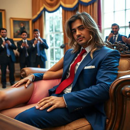 In the luxurious Oval Office, an 18-year-old gorgeous Arabic woman is seen with her head resting on the lap of a heavier man dressed in a blue suit, complete with a white shirt and red tie