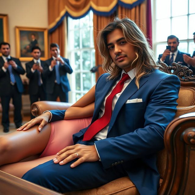 In the luxurious Oval Office, an 18-year-old gorgeous Arabic woman is seen with her head resting on the lap of a heavier man dressed in a blue suit, complete with a white shirt and red tie