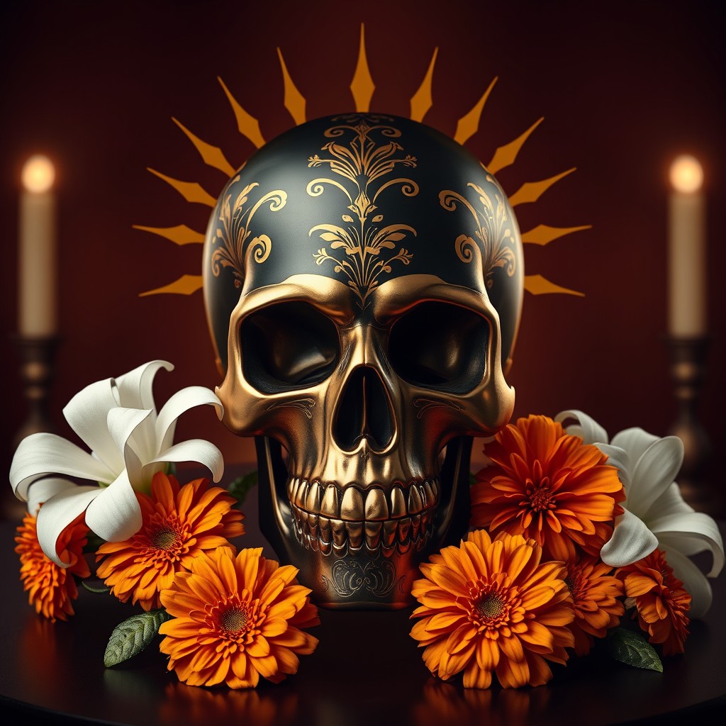 A sophisticated male skull designed with luxurious golden and black hues, embodying a formal and elegant style