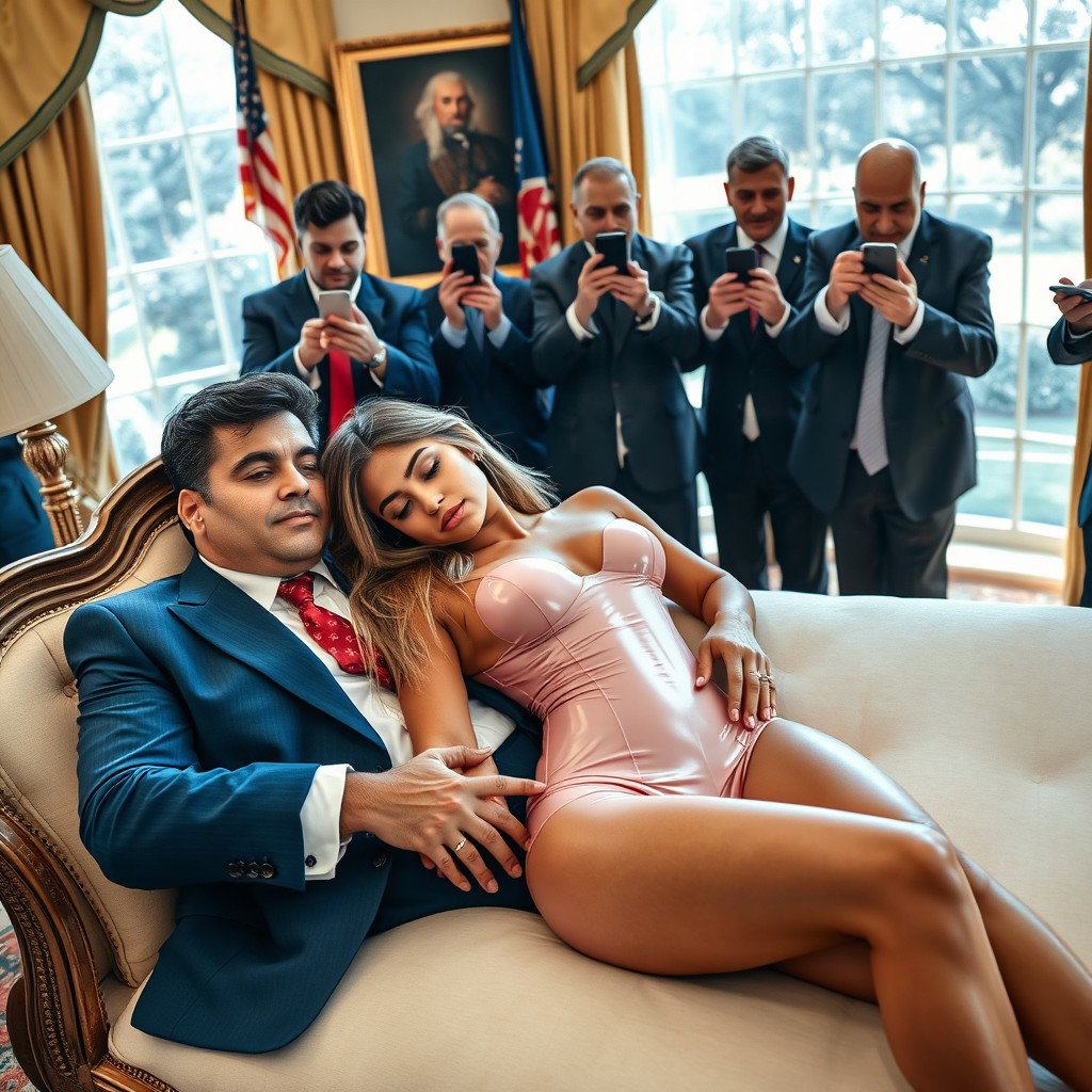 In the sophisticated Oval Office, an 18-year-old stunningly gorgeous Arabic woman reclines with her head resting on the lap of a heavier man dressed in an elegant blue suit, complemented by a crisp white shirt and a red tie
