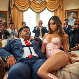 In the sophisticated Oval Office, an 18-year-old stunningly gorgeous Arabic woman reclines with her head resting on the lap of a heavier man dressed in an elegant blue suit, complemented by a crisp white shirt and a red tie