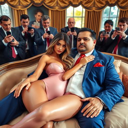 In the sophisticated Oval Office, an 18-year-old stunningly gorgeous Arabic woman reclines with her head resting on the lap of a heavier man dressed in an elegant blue suit, complemented by a crisp white shirt and a red tie