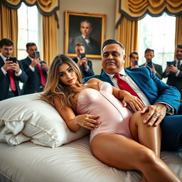 In the sophisticated Oval Office, an 18-year-old stunningly gorgeous Arabic woman reclines with her head resting on the lap of a heavier man dressed in an elegant blue suit, complemented by a crisp white shirt and a red tie