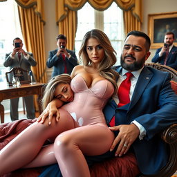 Inside the lavish Oval Office, an 18-year-old stunningly gorgeous Arabic woman rests her head on the lap of a heavier man clad in an elegant blue suit, white shirt, and red tie
