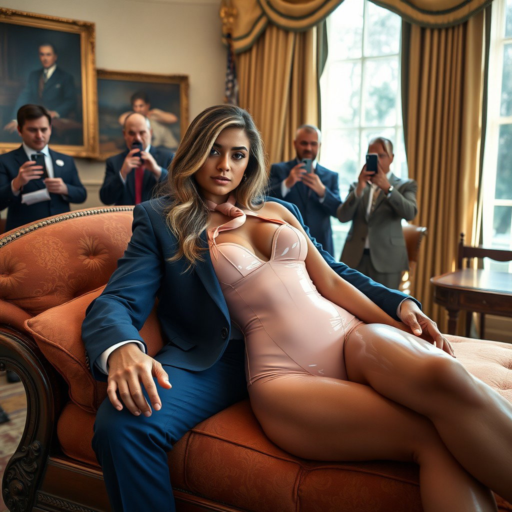 In the elegant Oval Office, an 18-year-old stunning Arabic beauty rests her head on the lap of a heavier man dressed in a sharp blue suit, white shirt, and red tie