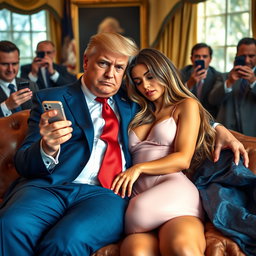 In the elegant Oval Office, an 18-year-old stunning Arabic beauty rests her head on the lap of a heavier man dressed in a sharp blue suit, white shirt, and red tie