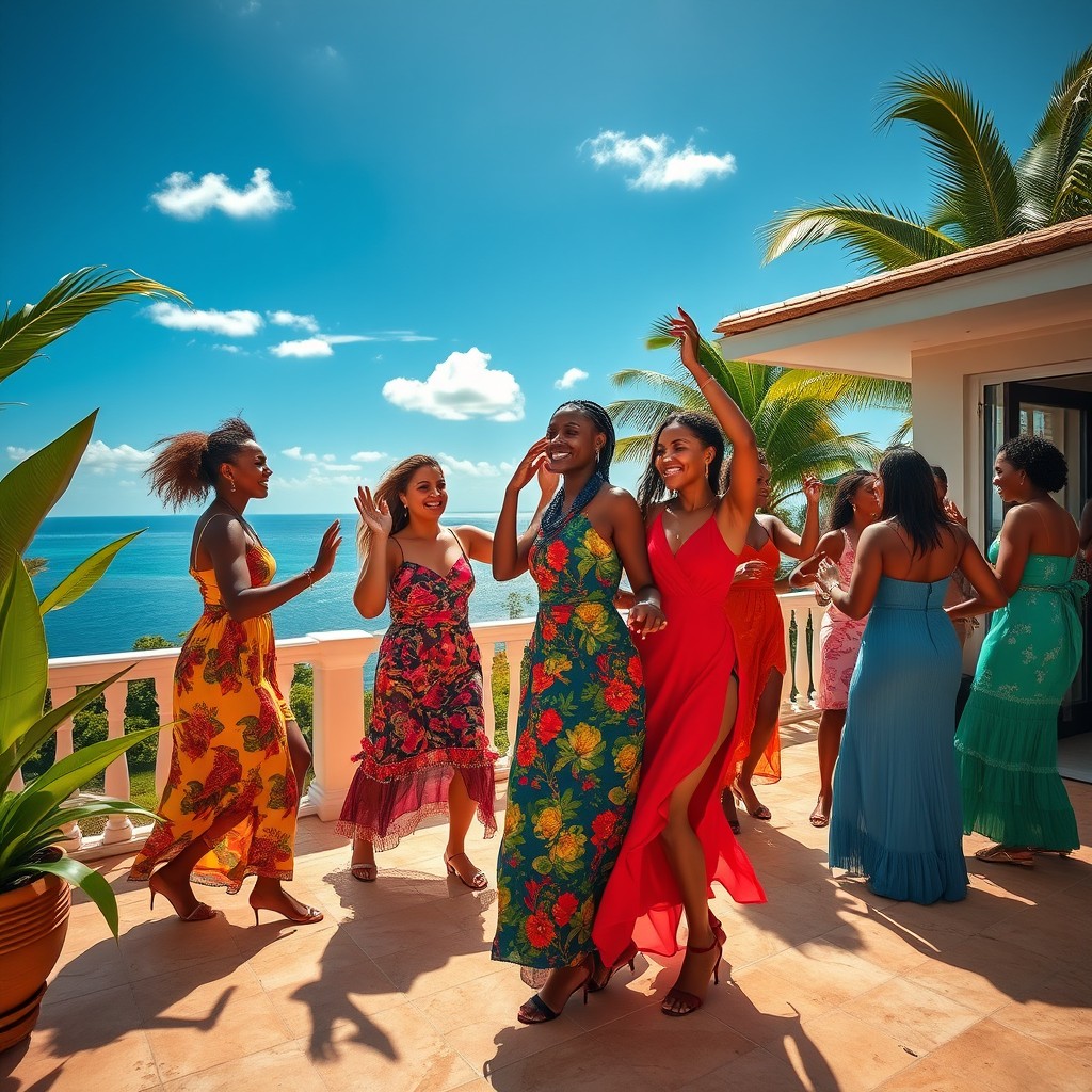A vibrant scene capturing Caribbean people joyfully dancing Zouk on the terrace of a spacious villa