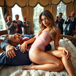 In the elegant interior of the Oval Office, an 18-year-old stunningly beautiful Arabic woman lays her head on the lap of a heavier man wearing a sophisticated blue suit, white shirt, and red tie