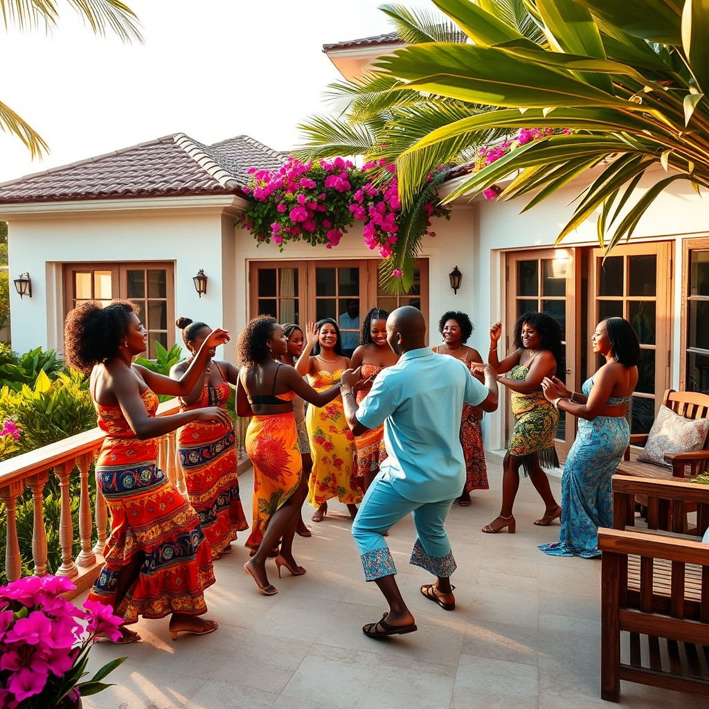 A vibrant scene of Antillean people joyfully dancing Zouk on the terrace of a large villa, surrounded by lush tropical greenery and bright flowers