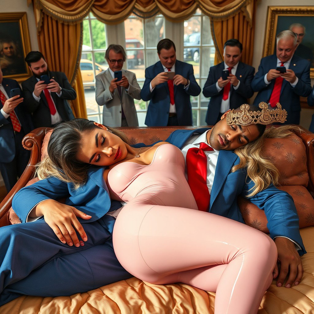 In the opulent setting of the Oval Office, an 18-year-old captivatingly gorgeous Arabic woman lays her head on the lap of a heavier man dressed in a stylish blue suit, complemented by a white shirt and a bold red tie