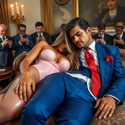 In the opulent setting of the Oval Office, an 18-year-old captivatingly gorgeous Arabic woman lays her head on the lap of a heavier man dressed in a stylish blue suit, complemented by a white shirt and a bold red tie