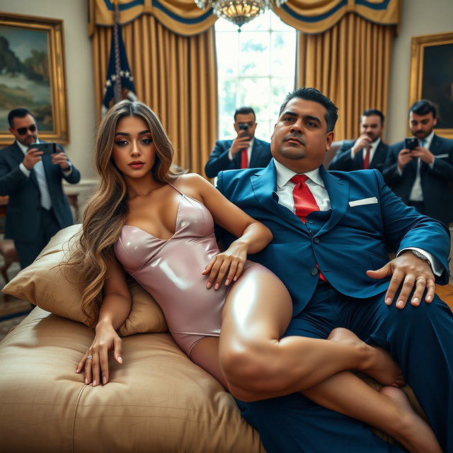 In the opulent setting of the Oval Office, an 18-year-old captivatingly gorgeous Arabic woman lays her head on the lap of a heavier man dressed in a stylish blue suit, complemented by a white shirt and a bold red tie