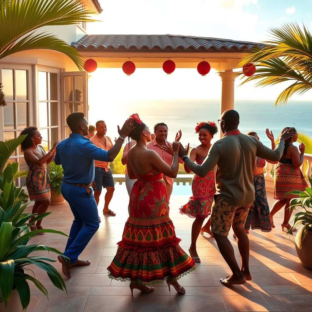 A vibrant scene of Antillean people dancing Zouk on the terrace of a luxurious villa