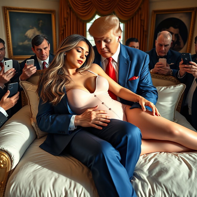 In the opulent setting of the Oval Office, an 18-year-old breathtakingly beautiful Arabic woman rests her head gently on the lap of a heavier man adorned in a distinguished blue suit, white shirt, and a striking red tie
