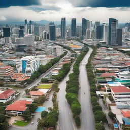 An optimistic future vision of the Philippines 5 years from now. Urban development has brought new infrastructure and technology, while rural areas remain lush with well-preserved nature. The bustling streets are filled with happy, productive residents.