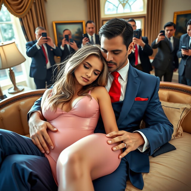 In the lavish setting of the Oval Office, an 18-year-old exquisite Arabic beauty rests her head on the lap of a heavier man dressed in an elegant blue suit, paired with a crisp white shirt and a bold red tie