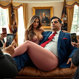 In the exquisite and iconic environment of the Oval Office, an 18-year-old stunningly beautiful Arabic woman reclines gracefully with her head on the lap of a corpulent man, dressed in an elegant blue suit, crisp white shirt, and a bold red tie