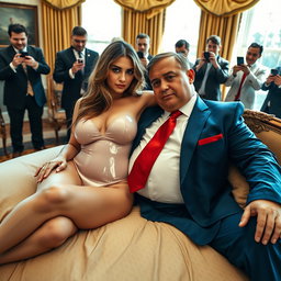 In the opulent environment of the Oval Office, an 18-year-old stunning Arabic woman reclines gracefully with her head on the lap of a heavier man, who is elegantly dressed in a blue suit, a crisp white shirt, and a striking red tie