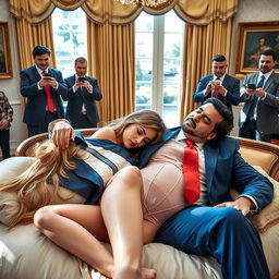 In the opulent environment of the Oval Office, an 18-year-old stunning Arabic woman reclines gracefully with her head on the lap of a heavier man, who is elegantly dressed in a blue suit, a crisp white shirt, and a striking red tie