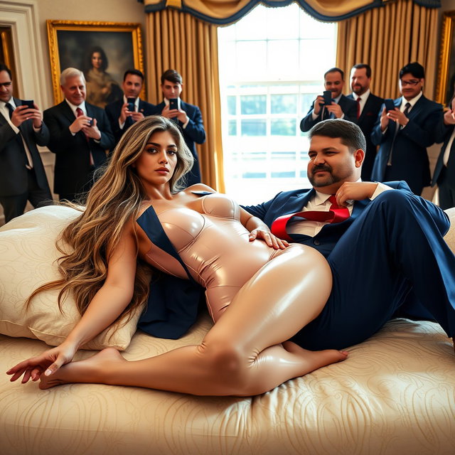In the opulent environment of the Oval Office, an 18-year-old stunning Arabic woman reclines gracefully with her head on the lap of a heavier man, who is elegantly dressed in a blue suit, a crisp white shirt, and a striking red tie