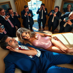 Within the prestigious surroundings of the Oval Office, an 18-year-old exceptionally gorgeous Arabic woman reclines on a luxurious fancy bed, her head resting gently on the lap of a well-dressed man
